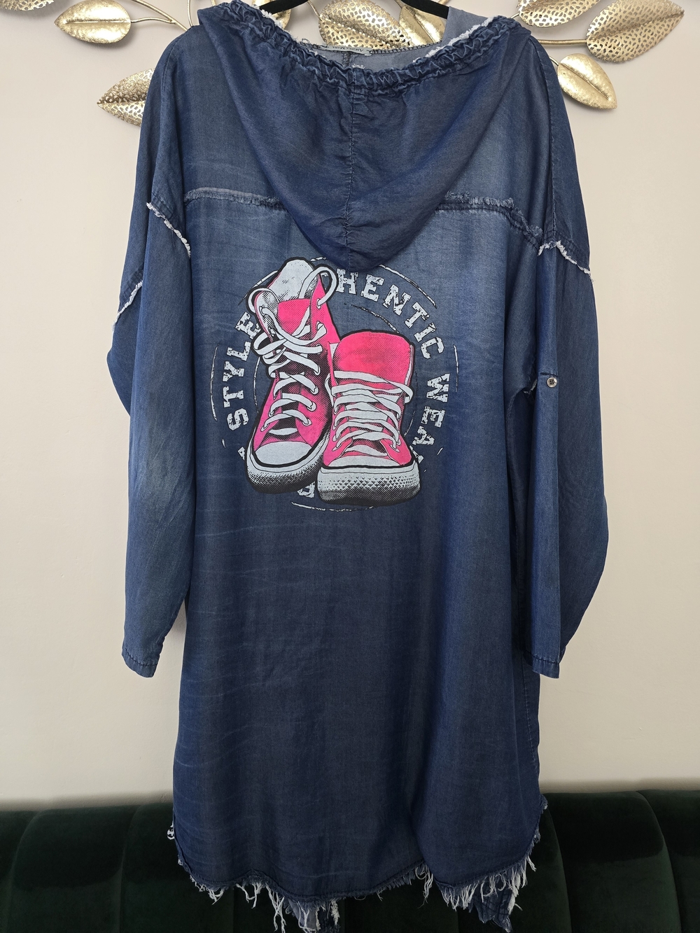 Angela Mara ITALY Cotton Hooded Trench Coat with Pink Sneaker Graphic Sz L-XL